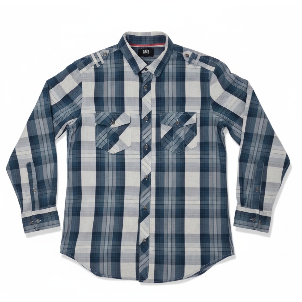Rock & Republic Plaid Stretch Men's Large Roll Tab Sleeve Button Up Shirt‎